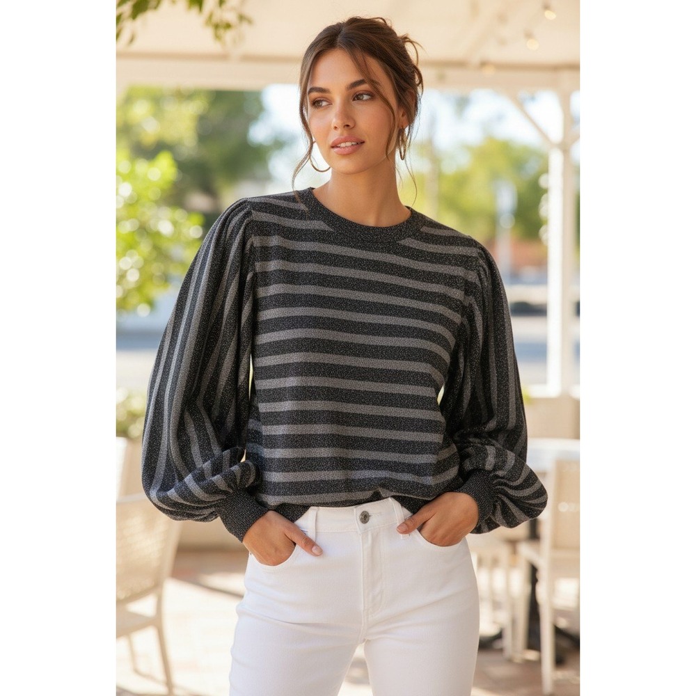 Autumn Cashmere Charcoal Silver Silk Lurex Striped Balloon Slv Sweater S/M $350